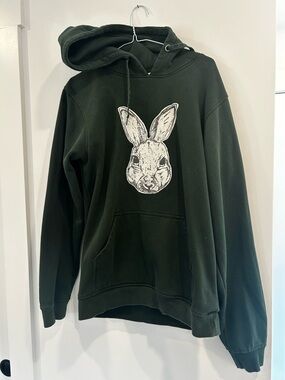 Women's Forest Green Rabbit Graphic Pullover Hoodie Sweater 70% Cotton No Pill